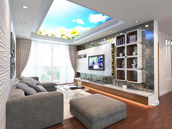 Hình ảnh trần căng xuyên sáng in hình bầu trời kết hợp hoa hướng dương