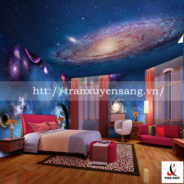Mẫu trần và vách xuyên sáng phòng ngủ in hình vũ trụ