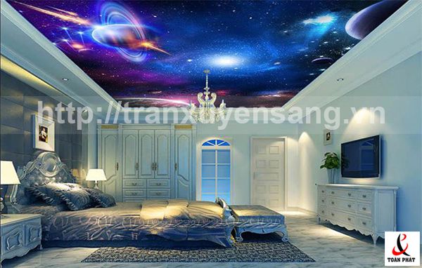 Hình ảnh trần phòng ngủ sử dụng tấm xuyên sáng 3D in bầu trời vũ trụ