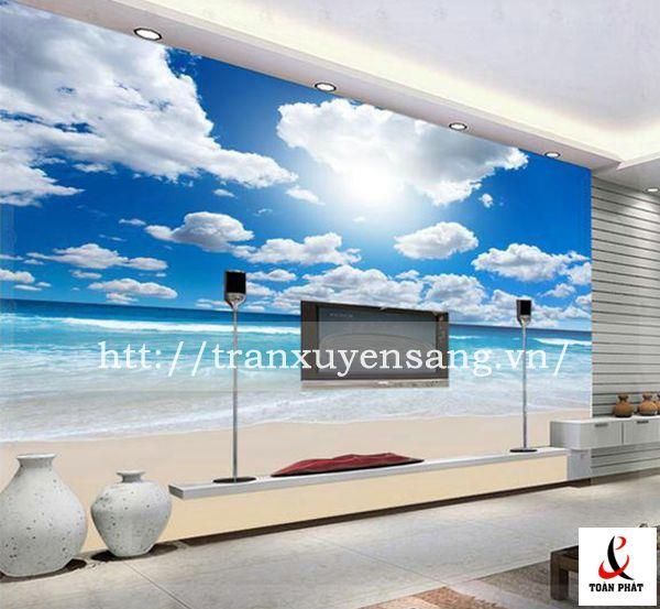 Vách xuyên sáng phòng khách in hình ảnh bãi biển, bầu trời xanh