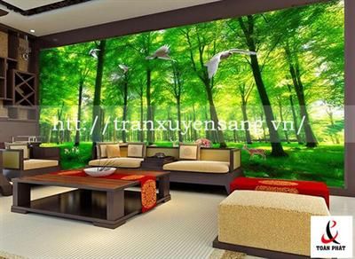 Vách xuyên sáng phòng khách in rừng cây