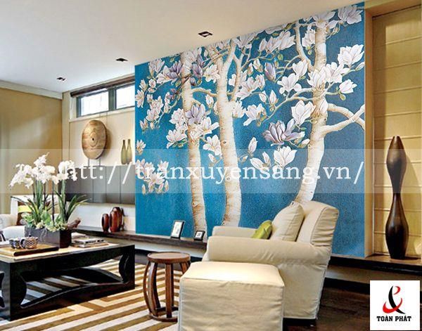 Mẫu vách xuyên sáng phòng khách in cây hoa đào