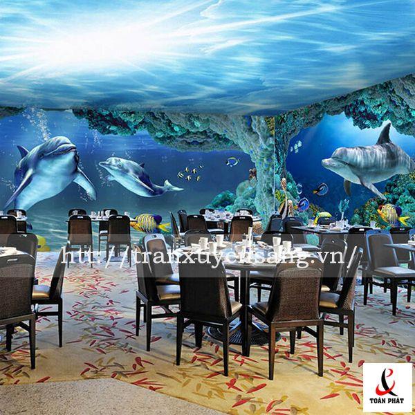 Mẫu trần nhà hàng in hình bầu trời xanh