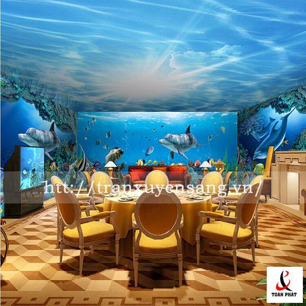 Mẫu trần xuyên sáng phòng VIP nhà hàng in hình bầu trời