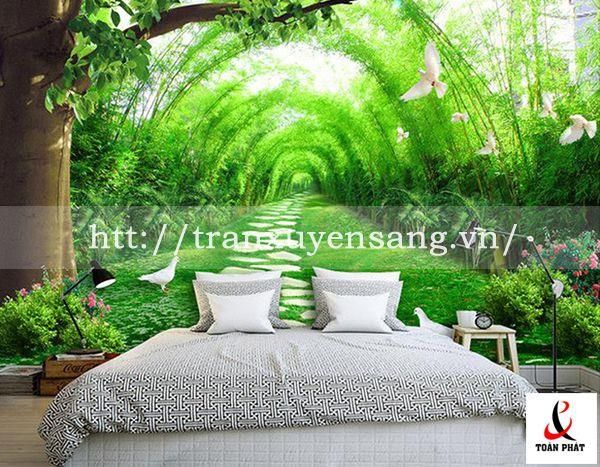 Vách xuyên sáng phòng ngủ in hình ảnh thiên nhiên 3D