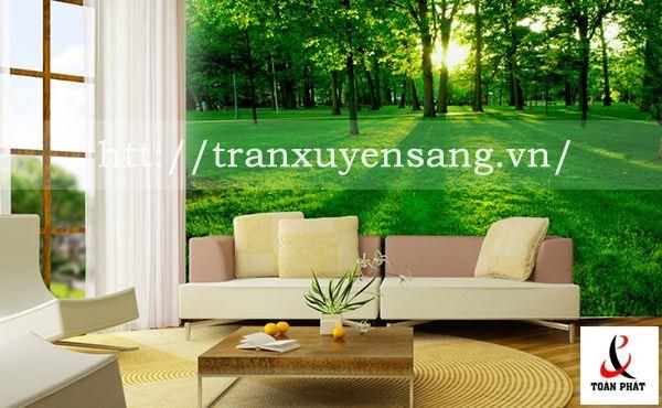 Vách xuyên sáng phòng khách in hình ảnh thiên nhiên thoáng đãng