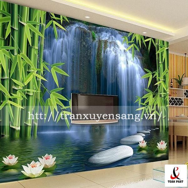 Vách xuyên sáng phòng khách in cây trúc thác nước 3D
