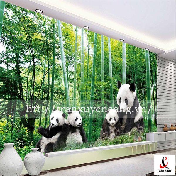 Vách xuyên sáng phòng khách in hình ảnh gia đình gấu trúc
