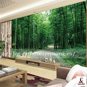Vách xuyên sáng phòng khách in rừng trúc tạo hiệu ứng 3D